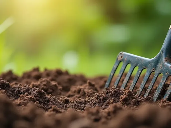 Gartenbeet mit geharkter Erde, Kompost auf der Oberfläche und ein Rechen am Rand