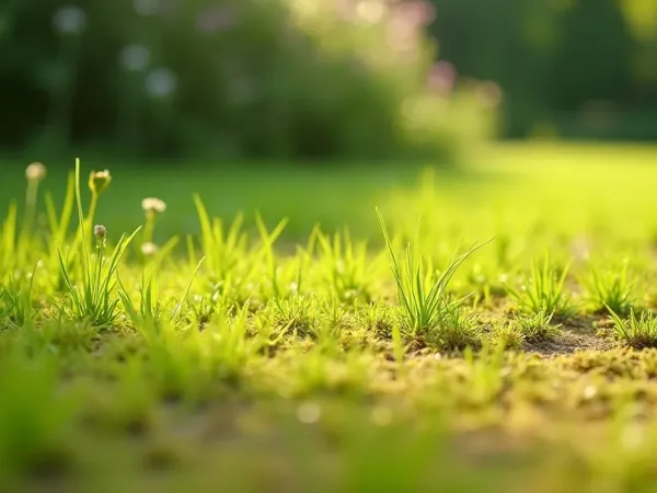 Sommerlicher Rasen mit gelb-braunen Trockenstellen neben gesundem grünen Gras, starke Sonne, niedrige Perspektive