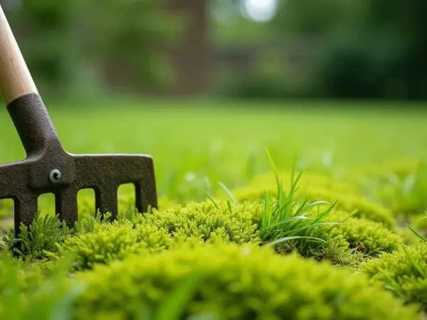 Schattiger Rasen mit grünen Moosflecken zwischen dünnem Gras, Rechen liegt auf dem Rasen