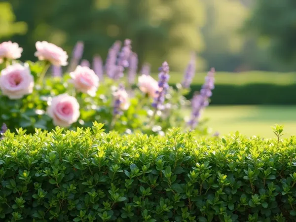 Geschnittener Buchsbaum als Beetumrandung mit Rosen und Lavendel