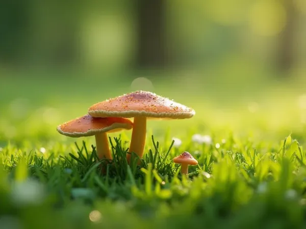 Kleine Pilze wachsen im Hexenring auf grünem Rasen, Morgentau