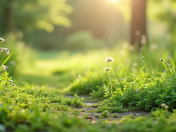 Garten mit Thymian- und Klee-Bodendeckerweg neben einer kleinen Wiesenfläche statt Rasen