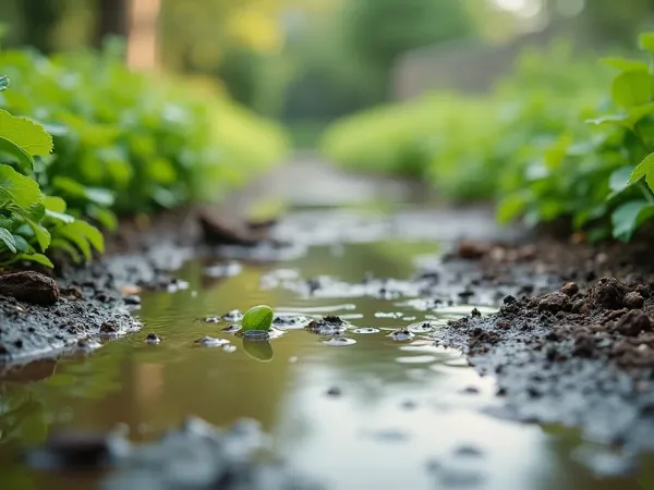 Gartenbeet mit Wasserpfützen nach starkem Regen und nasser dunkler Erde, graues