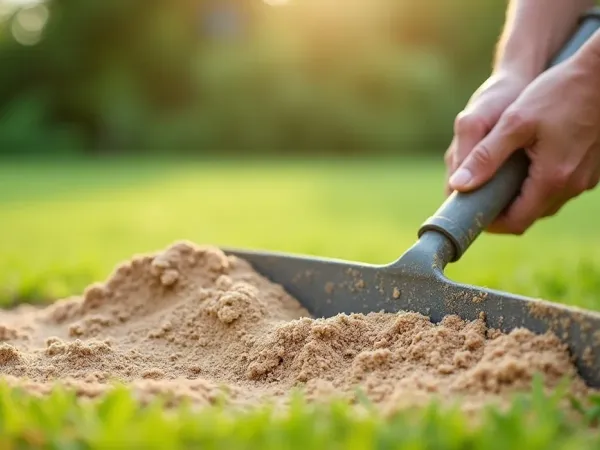 Gärtnerhände verteilen mit einem Rechen eine dünne Schicht Sand und Erde auf unebenem Rasen