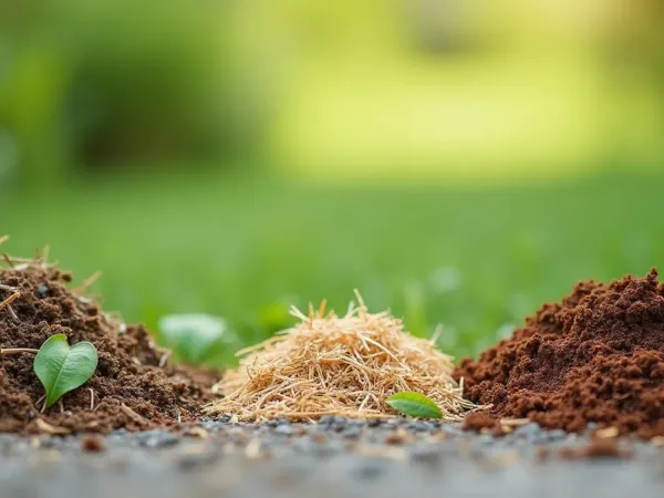 Mehrere kleine Haufen verschiedener Mulchmaterialien – Rinde, Stroh, Grasschnitt, Laub – am Beetrand